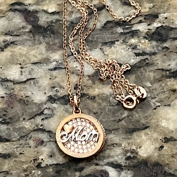 Silver Over Rose Gold Double Pendant “Mom” CZ & Necklace - Picture 7 of 10